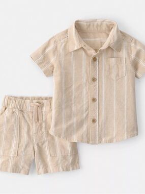 Baby linen Neutral Stripe Short Set - Beige Button-Up Shirt & Shorts